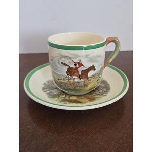 Copeland Spode England Herring Hunt Green #5 Footed Demitasse Cup and #5 Saucer